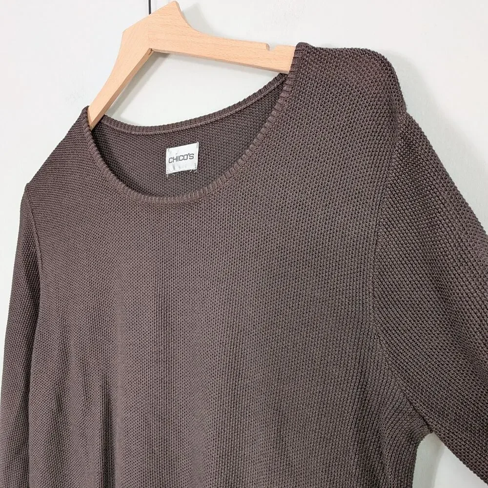 Chicos Open Knit Sweater L Brown Pullover 90s Neutral Classic Work Office Layer